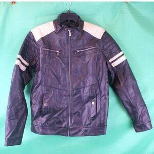 Distortion Mens Small Faux Leather Moto Jacket Black Cream Racing Stripe Biker